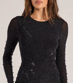 Rhinestone Long Sleeve Mini Dress – Crew Neck Sheer Sleeve Bodycon Party Dress