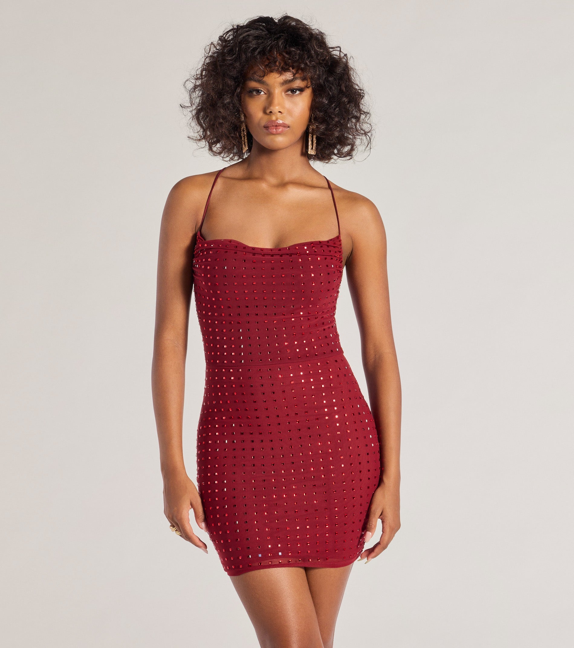 Rhinestone Mesh Strappy Back Mini Dress – Cowl Neck Open Back Bodycon Party Dress