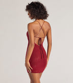 Rhinestone Mesh Strappy Back Mini Dress – Cowl Neck Open Back Bodycon Party Dress