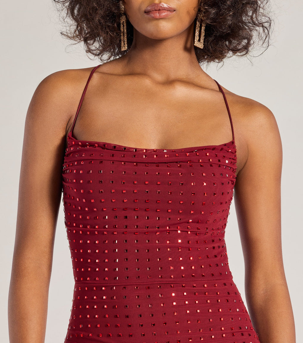 Rhinestone Mesh Strappy Back Mini Dress – Cowl Neck Open Back Bodycon Party Dress