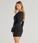 Glitter Knit Bell Sleeve Mini Dress – Cowl Plunge Neckline Bodycon Party Dress