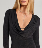 Glitter Knit Bell Sleeve Mini Dress – Cowl Plunge Neckline Bodycon Party Dress