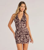 Zebra Print Mesh Halter Mini Dress – Open Back Ruched Bodycon Party Dress