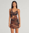 Animal Print Mesh Halter Mini Dress – Cowl Neck Open Back Bodycon Party Dress