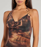 Animal Print Mesh Halter Mini Dress – Cowl Neck Open Back Bodycon Party Dress