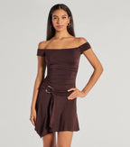 Off-The-Shoulder Belted Mini Dress – A-Line Asymmetric Knit Party Dress