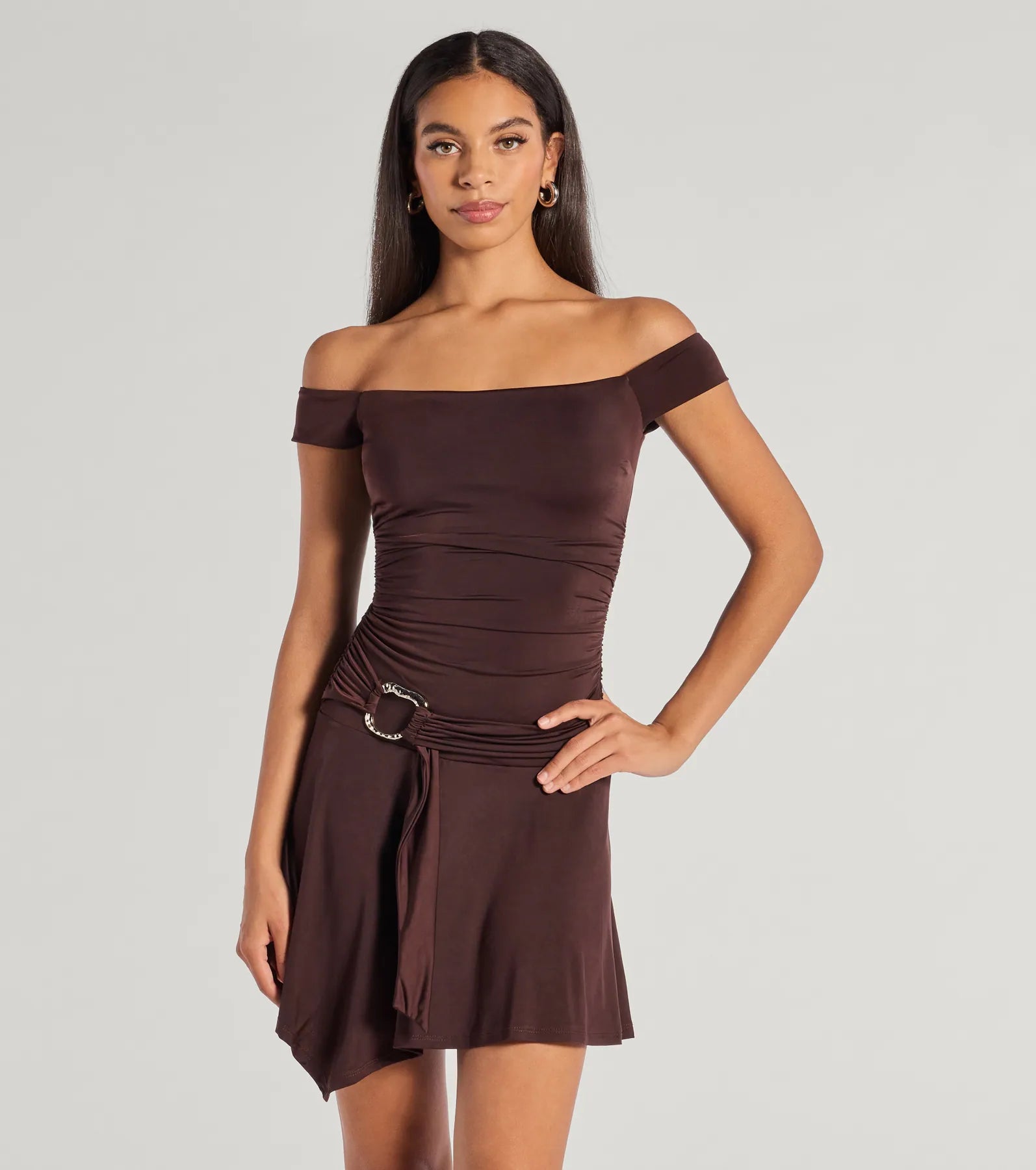 Off-The-Shoulder Belted Mini Dress – A-Line Asymmetric Knit Party Dress