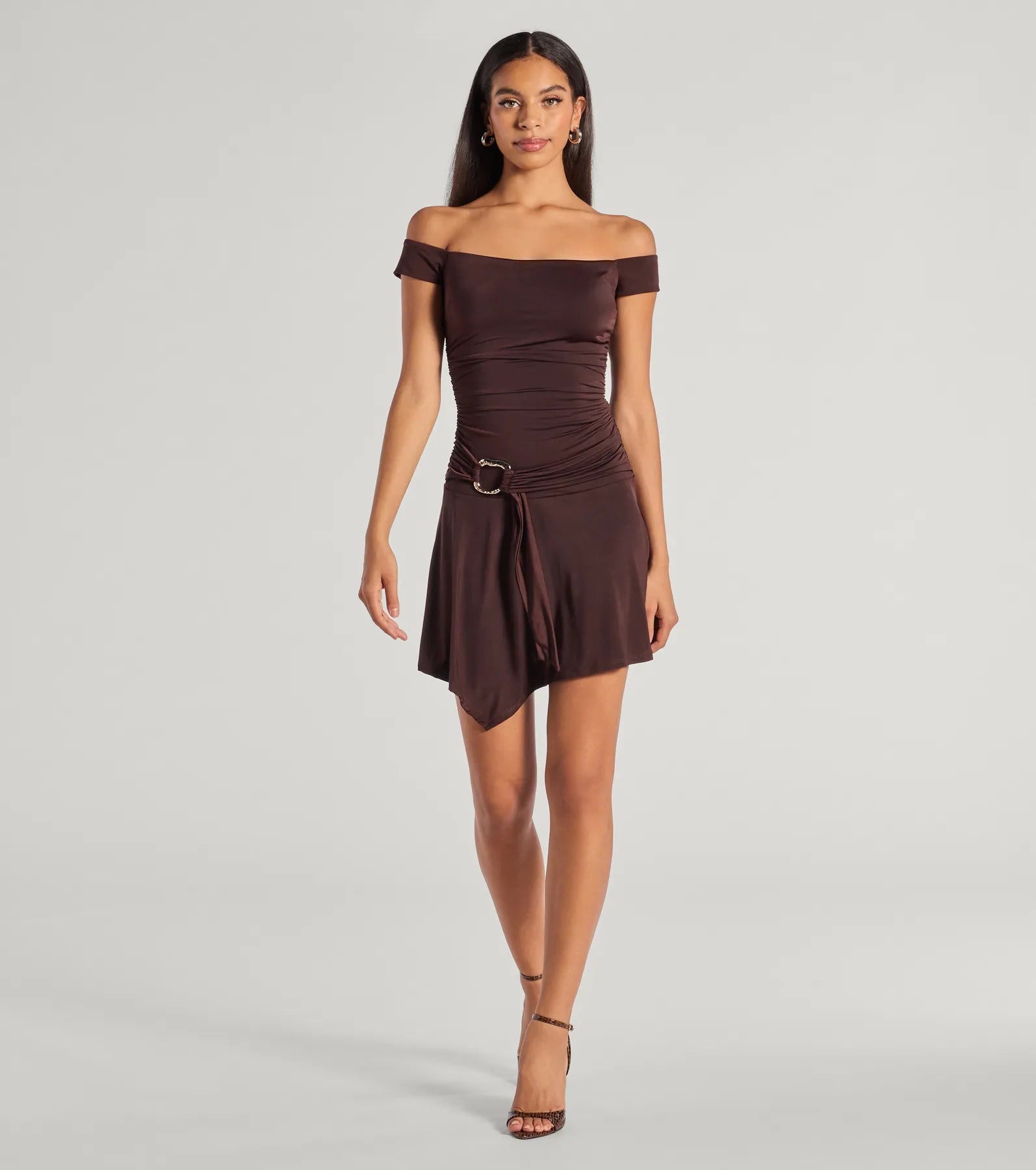 Off-The-Shoulder Belted Mini Dress – A-Line Asymmetric Knit Party Dress