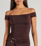 Off-The-Shoulder Belted Mini Dress – A-Line Asymmetric Knit Party Dress
