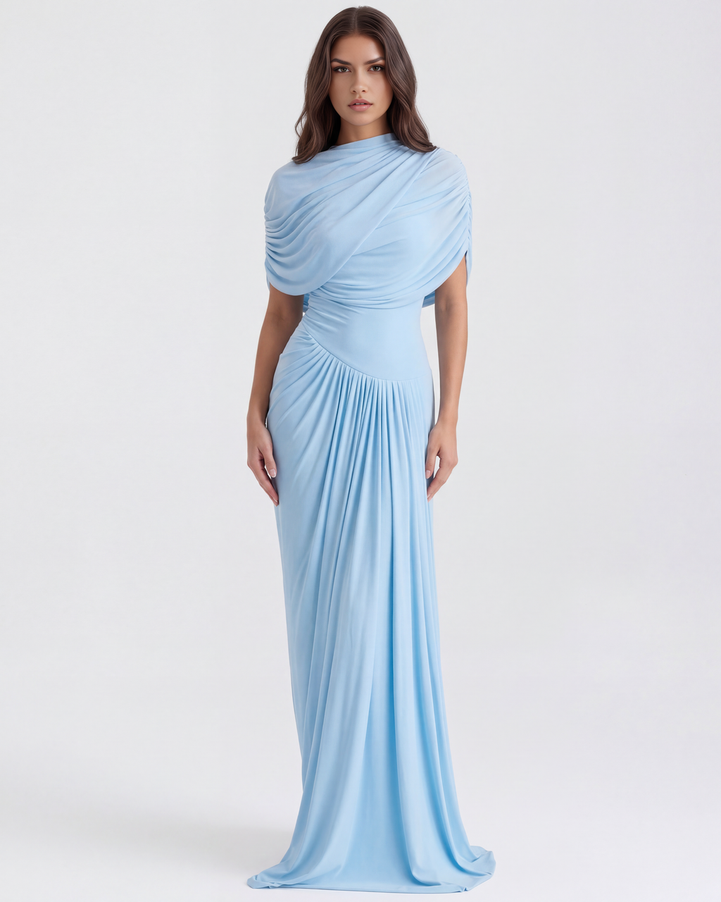 Babyblauw Gedrapeerde Sjaal Vloerlange Maxi Jurk – Elegante Bruiloftsgast Avondjurk