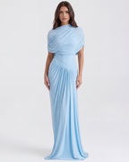Babyblauw Gedrapeerde Sjaal Vloerlange Maxi Jurk – Elegante Bruiloftsgast Avondjurk