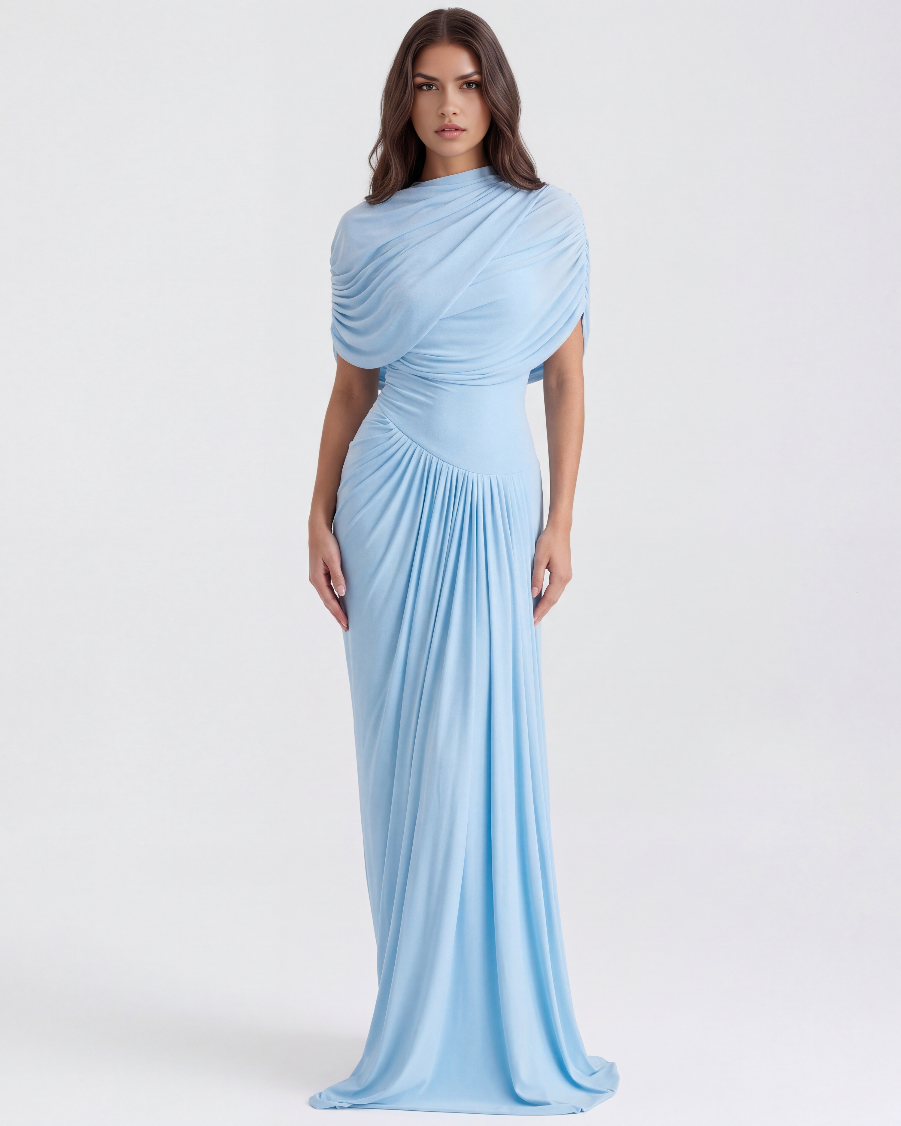 Babyblauw Gedrapeerde Sjaal Vloerlange Maxi Jurk – Elegante Bruiloftsgast Avondjurk