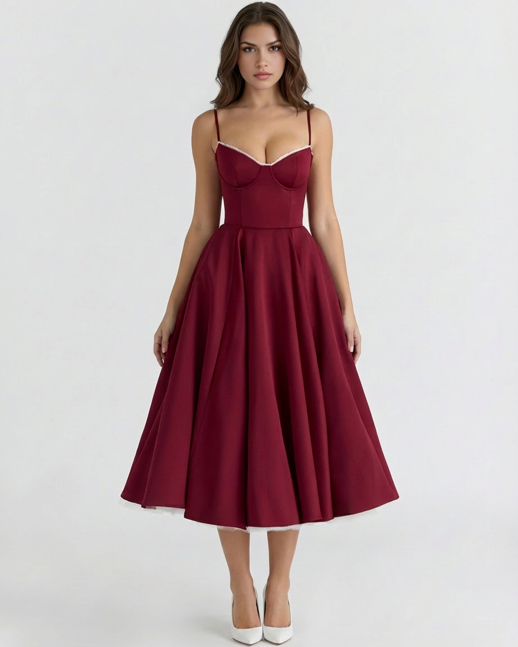 Satin-Feel Sweetheart Midi Dress – Boned Bodice Tulle Skirt Wedding Guest Prom Dress