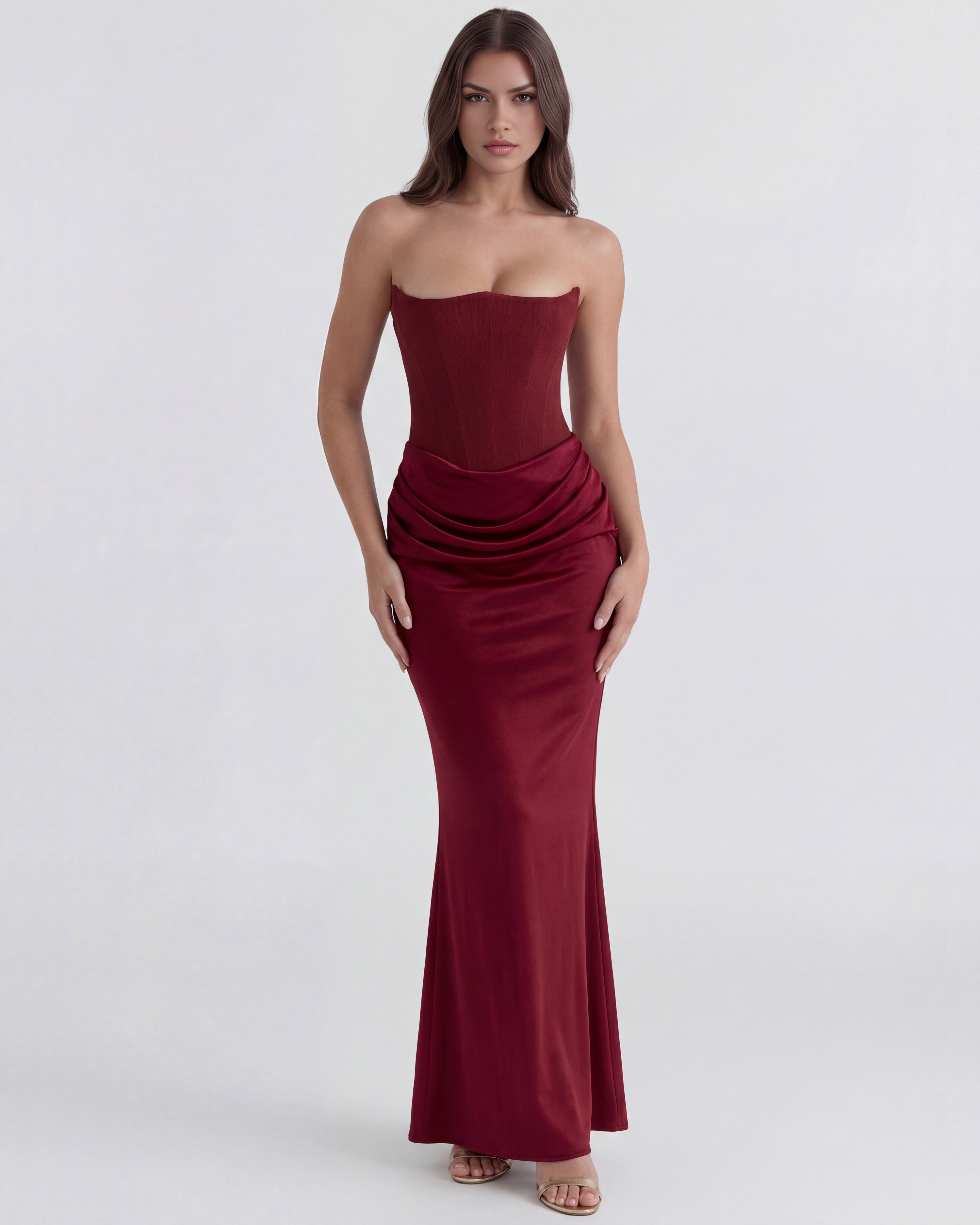 Boned Corset Crepe Maxi Dress – Cinched Waist Wedding Guest Formal Evening Gown