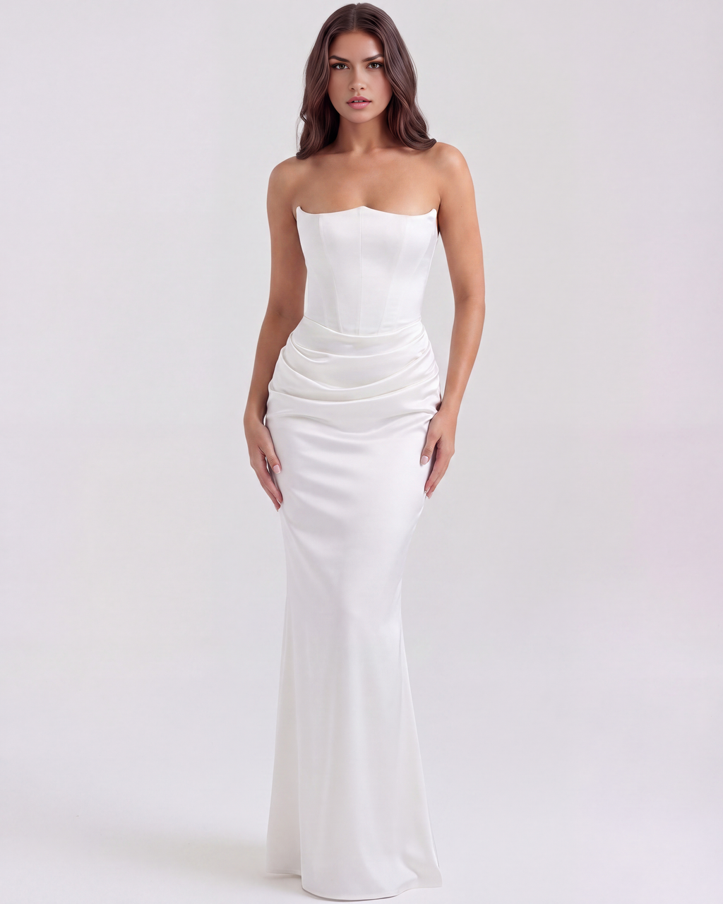 White Boned Corset Crepe Maxi Dress – Elegant Wedding Guest Gown