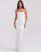 White Boned Corset Crepe Maxi Dress – Elegant Wedding Guest Gown
