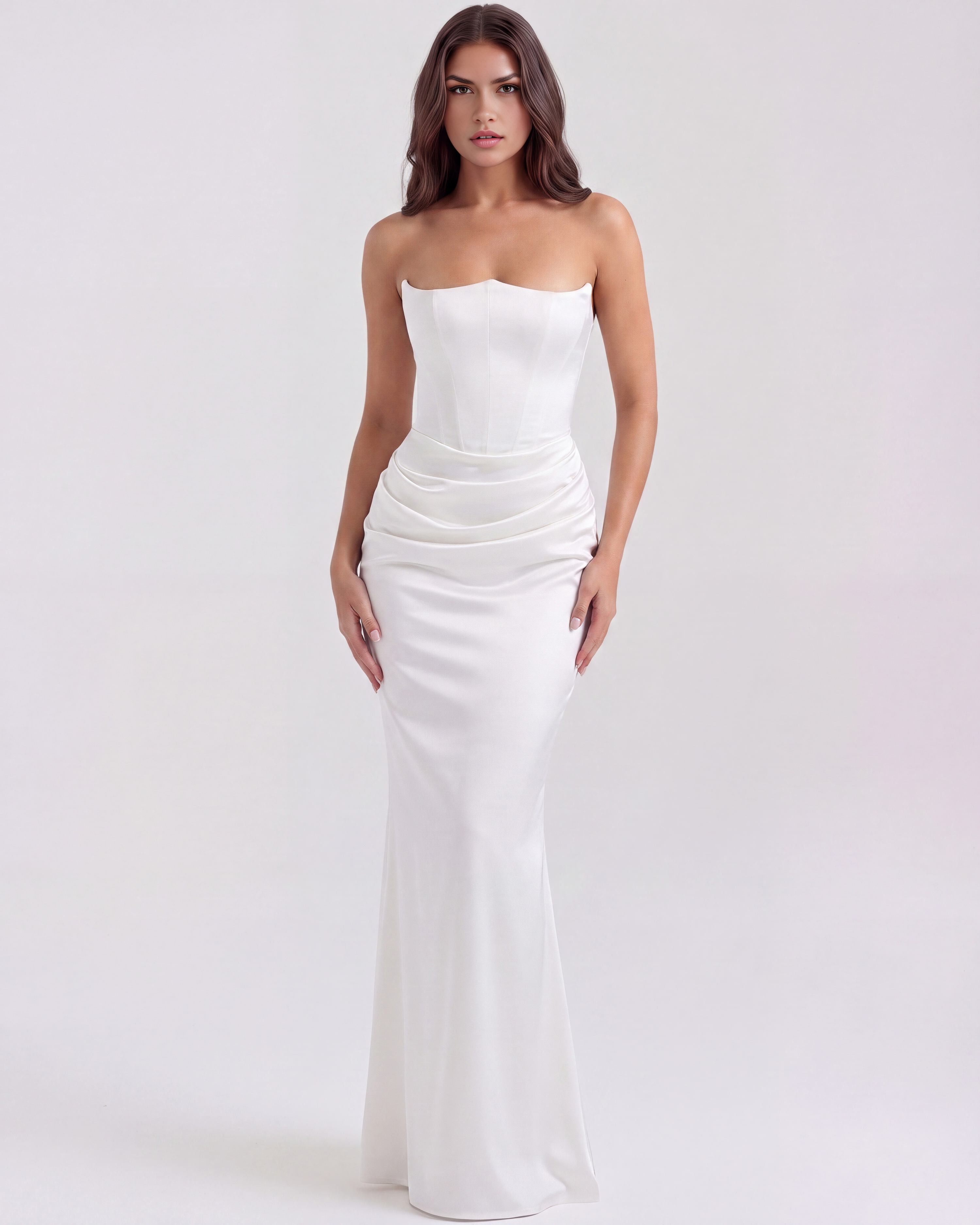 White Boned Corset Crepe Maxi Dress – Elegant Wedding Guest Gown