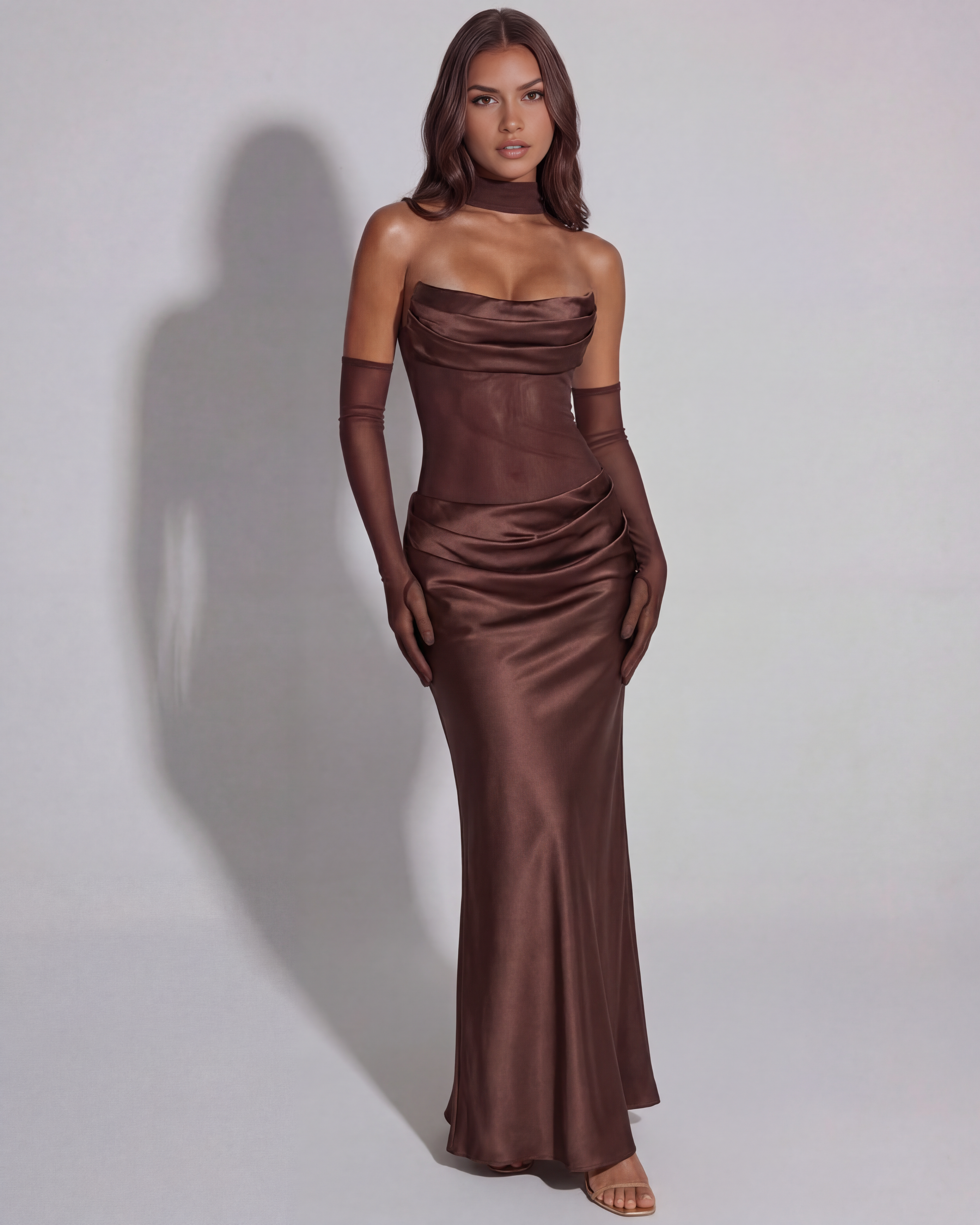 Brown Strapless Lace-Up Asymmetric Maxi Gown – Black Tie Wedding Guest Dress