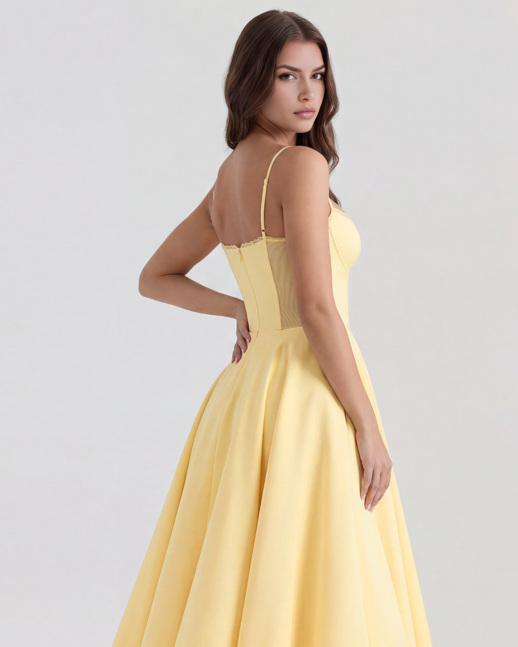 Buttergelbes Satin-Tüll-Midi-Kleid mit Korsett-Oberteil und Taschen – Frühlings-Hochzeitsgast-Kleid