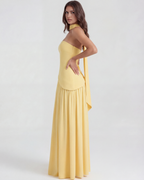 Buttergelbes trägerloses Chiffon-Maxikleid mit Schal – Festliches Frühlings-Hochzeitsgastkleid