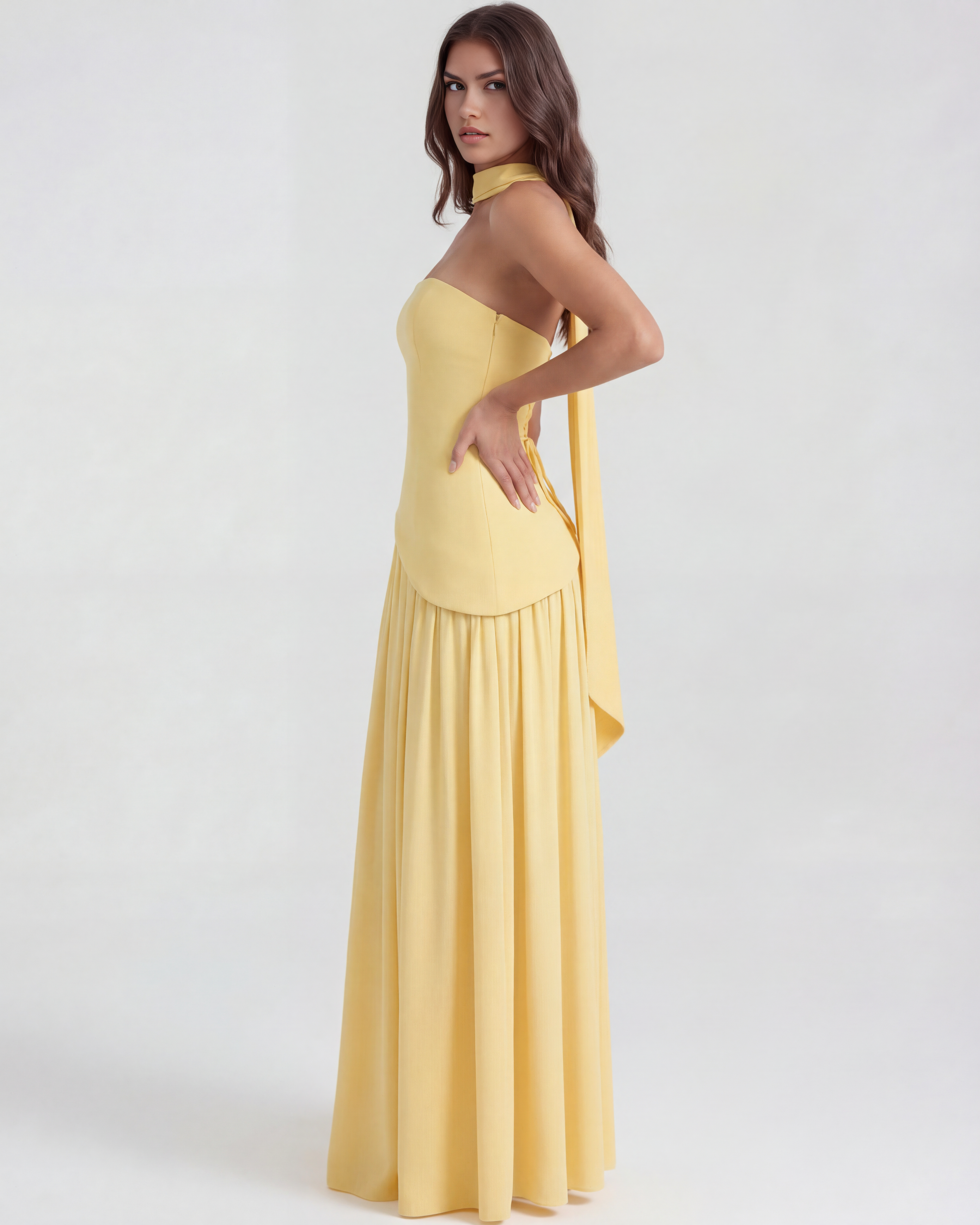 Buttergelbes trägerloses Chiffon-Maxikleid mit Schal – Festliches Frühlings-Hochzeitsgastkleid