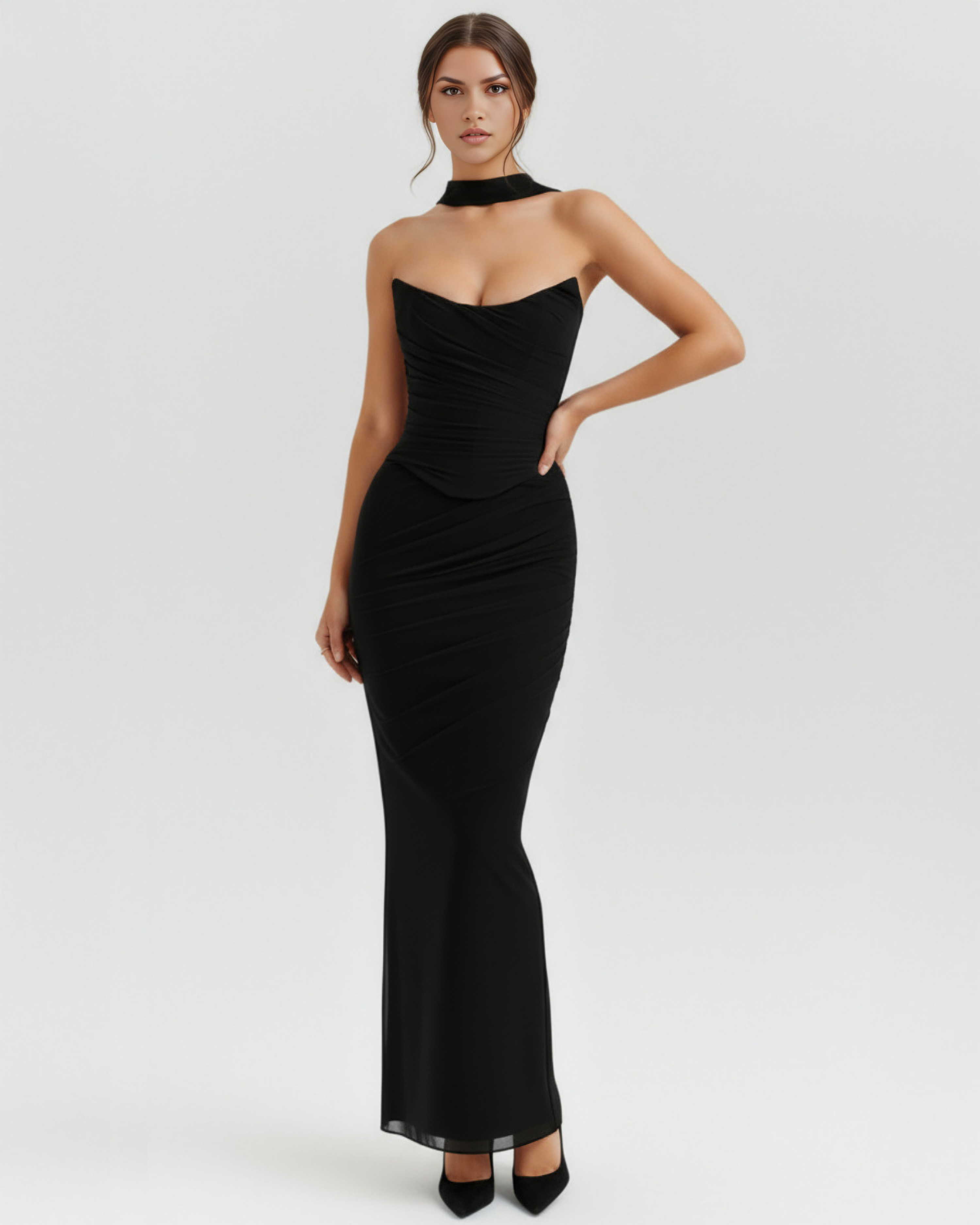 Mesh Corset Maxi Skirt & Scarf Three-Piece Set – Elegant Wedding Guest Outfit