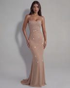 Gradient Rhinestone Square Neck Maxi Dress – Embellished Mesh Gown Open Lace-Up Back