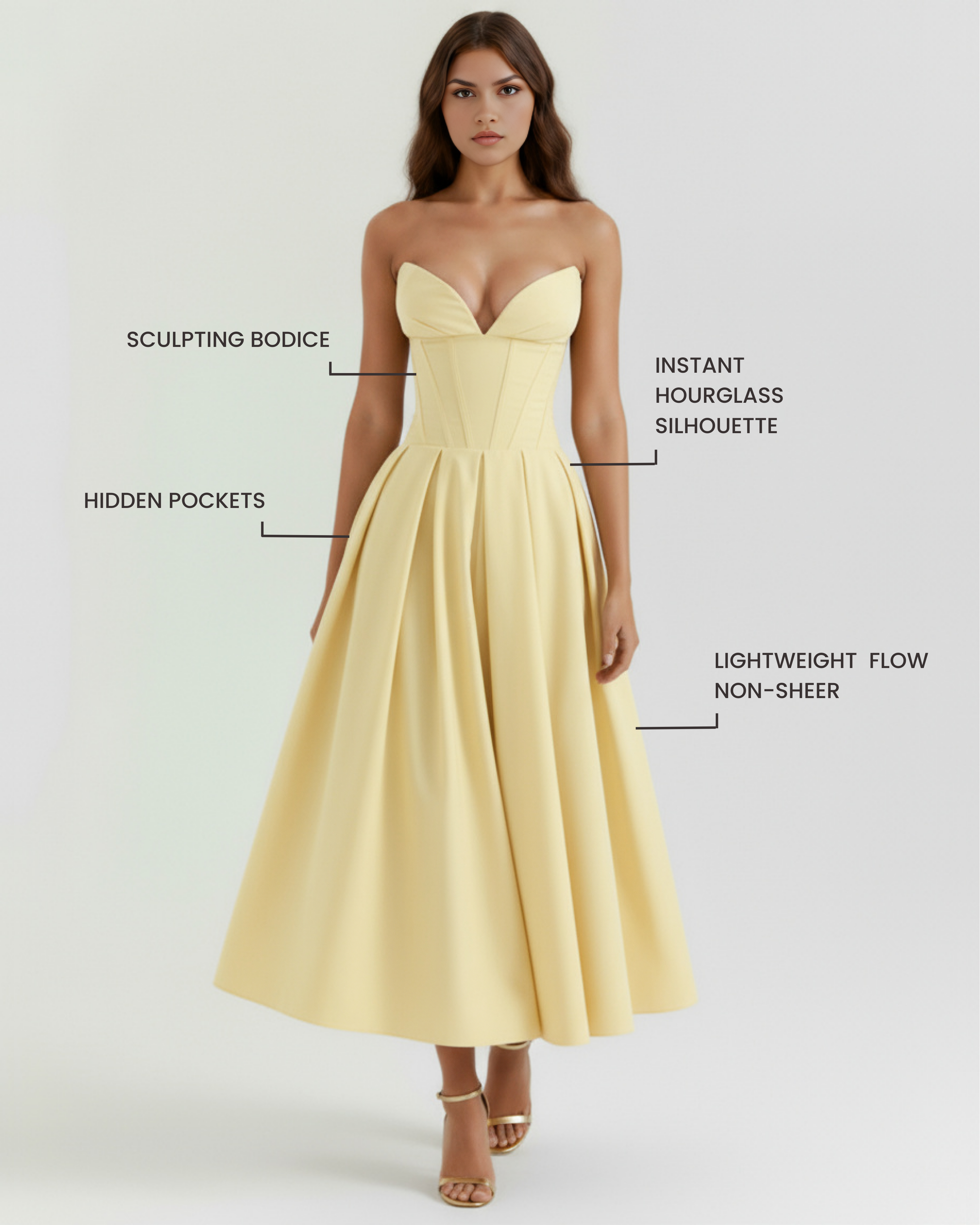 Light Yellow Corseted Ball Gown with Voluminous Skirt – Wedding Guest Prom Formal Dress