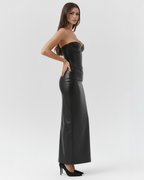 Black Vegan Leather Strapless Lace-Up Midi Dress – Gala Formal Gown
