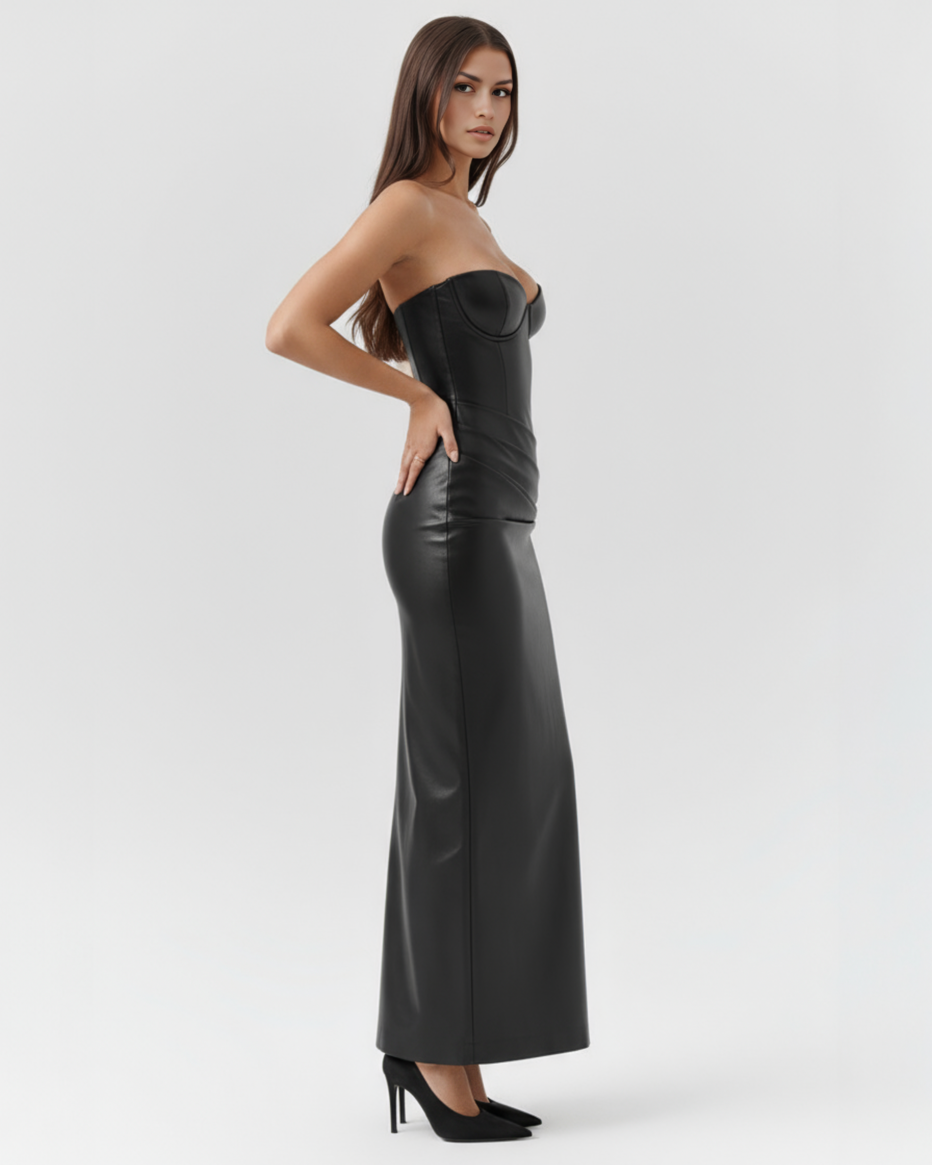 Black Vegan Leather Strapless Lace-Up Midi Dress – Gala Formal Gown