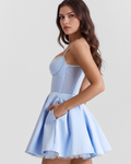 Baby Blue Boned Sweetheart Tulle Mini Jurk met Zakken – Romantische Bruiloftsgasten Feestjurk