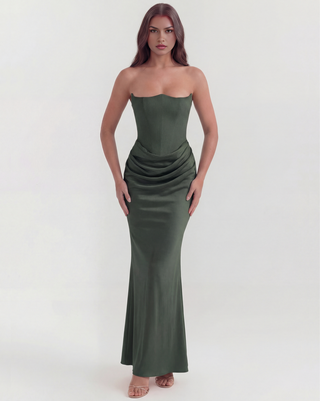 Forest Green Boned Corset Crepe Maxi Dress – Cinched Waist Formal Wedding Guest Gown