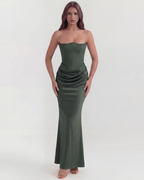 Forest Green Boned Corset Crepe Maxi Dress – Cinched Waist Formal Wedding Guest Gown