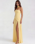 Buttergelbes trägerloses Chiffon-Maxikleid mit Schal – Festliches Frühlings-Hochzeitsgastkleid