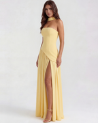 Buttergelbes trägerloses Chiffon-Maxikleid mit Schal – Festliches Frühlings-Hochzeitsgastkleid