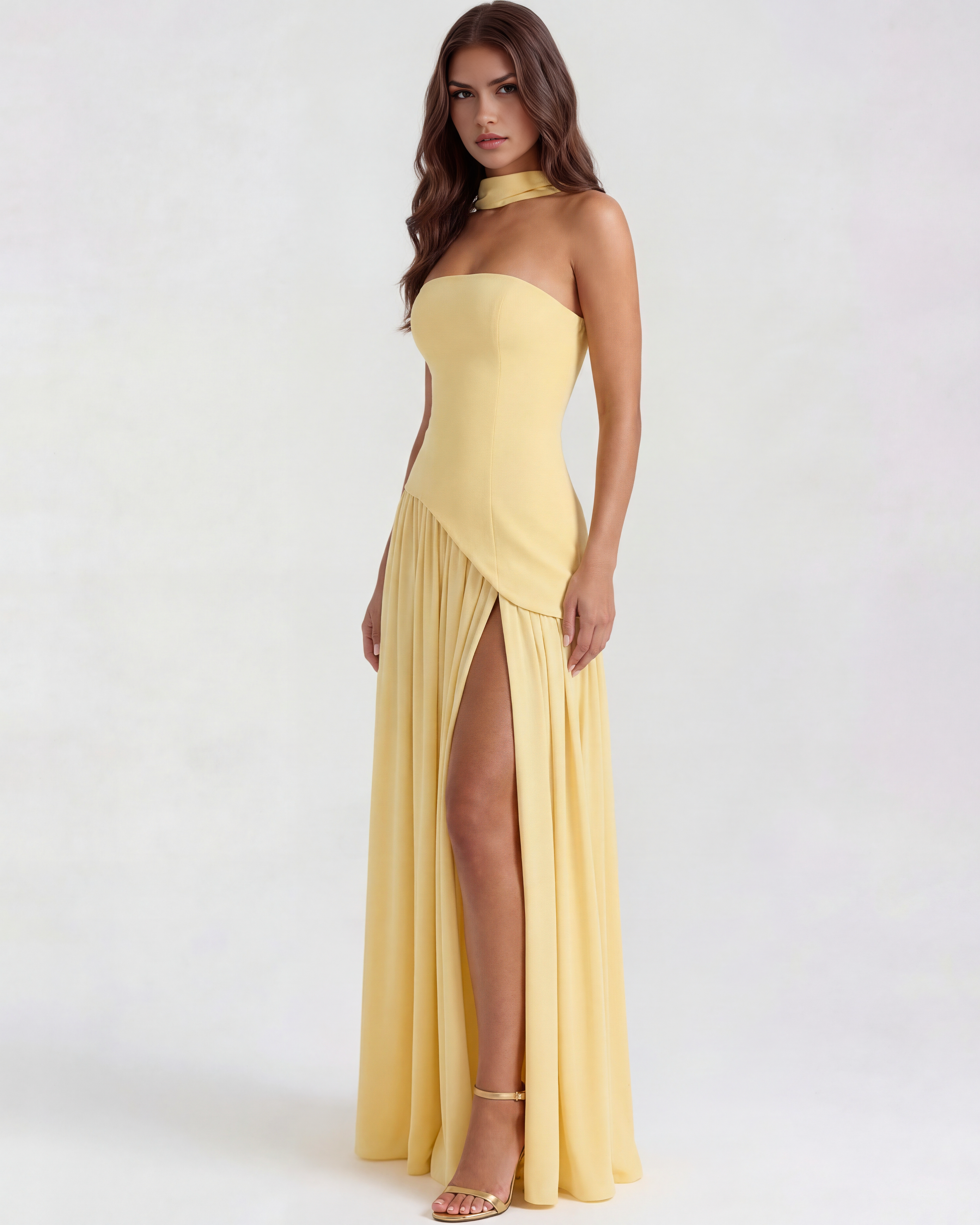 Butter Yellow Strapless Chiffon Maxi Gown with Scarf – Spring Wedding Guest Formal Dress
