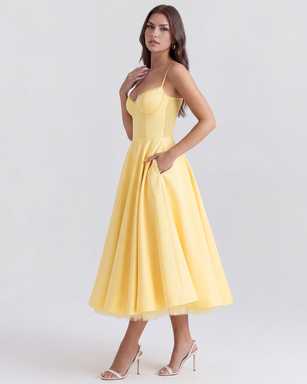 Buttergelbes Satin-Tüll-Midi-Kleid mit Korsett-Oberteil und Taschen – Frühlings-Hochzeitsgast-Kleid