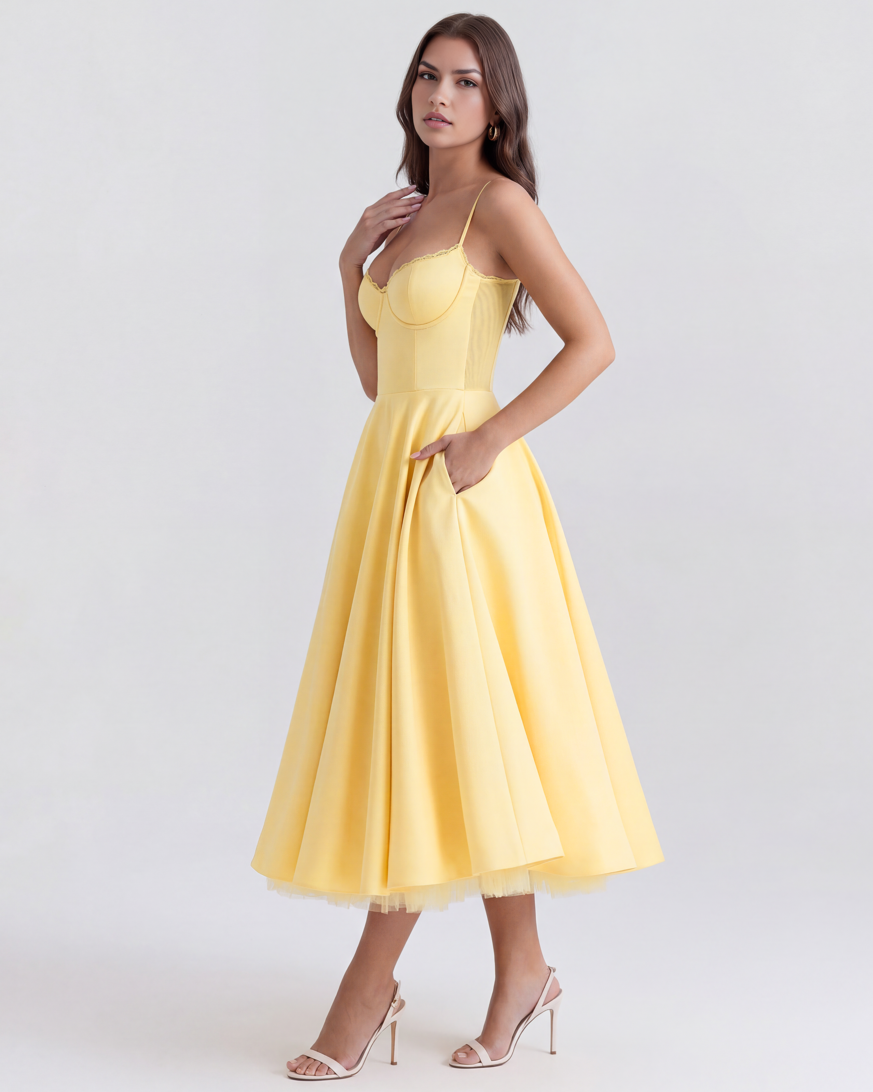 Butter Yellow Satin Tulle Boned Sweetheart Midi Dress with Pockets – Spring Wedding Guest Gown