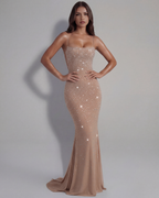 Gradient Rhinestone Square Neck Maxi Dress – Embellished Mesh Gown Open Lace-Up Back