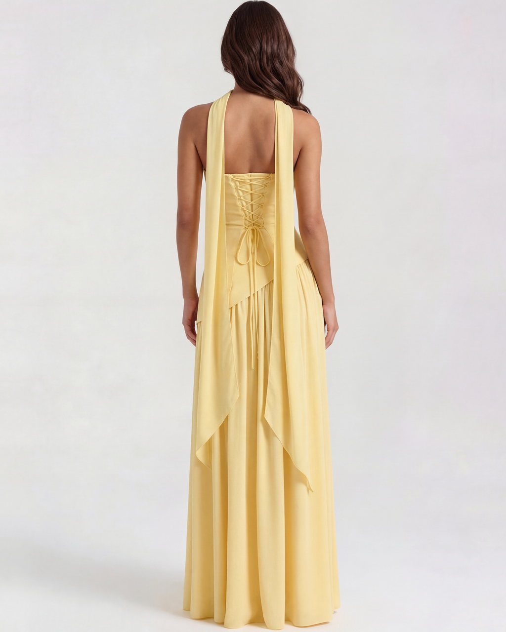 Buttergelbes trägerloses Chiffon-Maxikleid mit Schal – Festliches Frühlings-Hochzeitsgastkleid