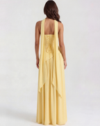 Buttergelbes trägerloses Chiffon-Maxikleid mit Schal – Festliches Frühlings-Hochzeitsgastkleid