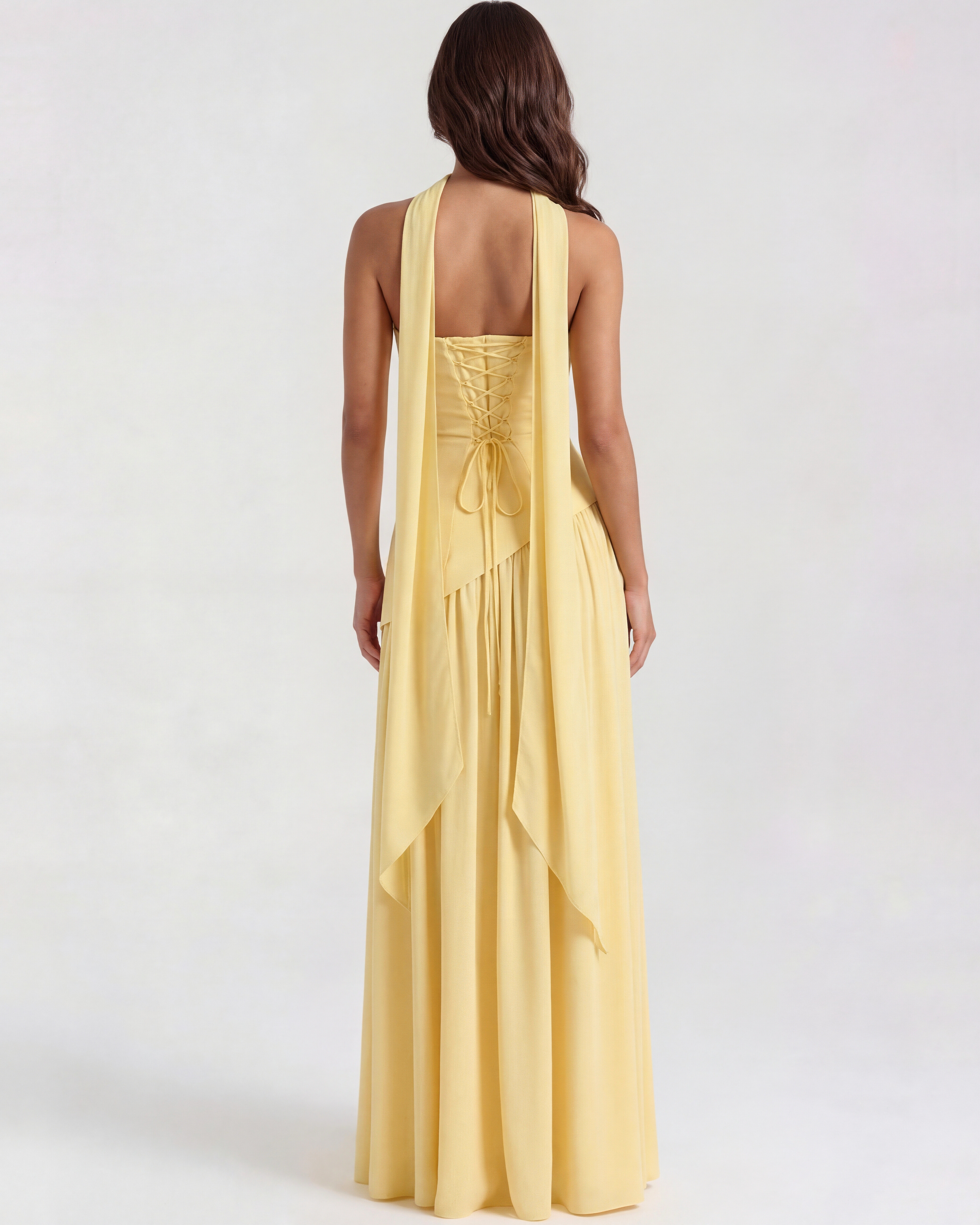 Buttergelbes trägerloses Chiffon-Maxikleid mit Schal – Festliches Frühlings-Hochzeitsgastkleid