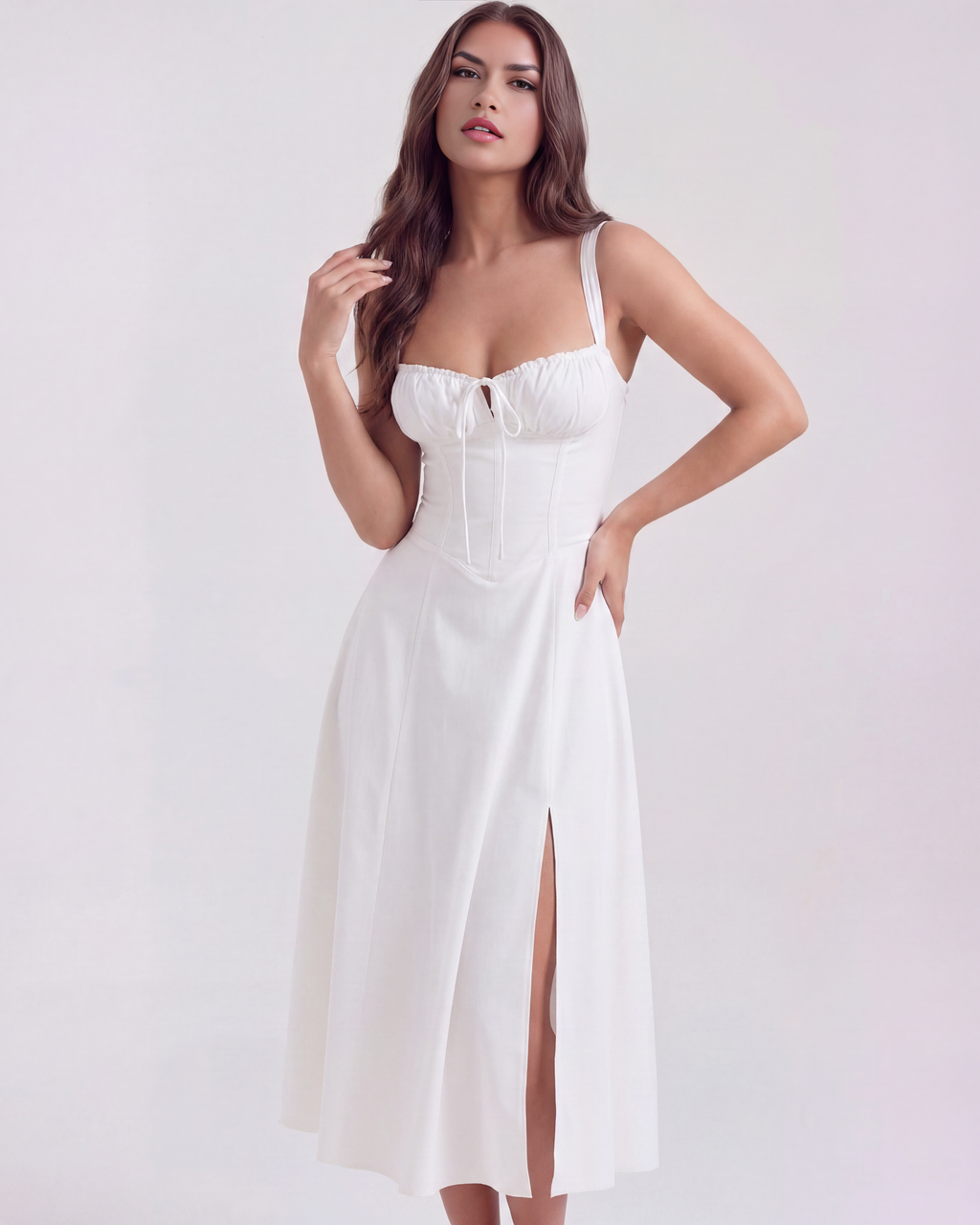 White Corseted Lace-Up Long Dress – Wedding Guest Garden Party Gown