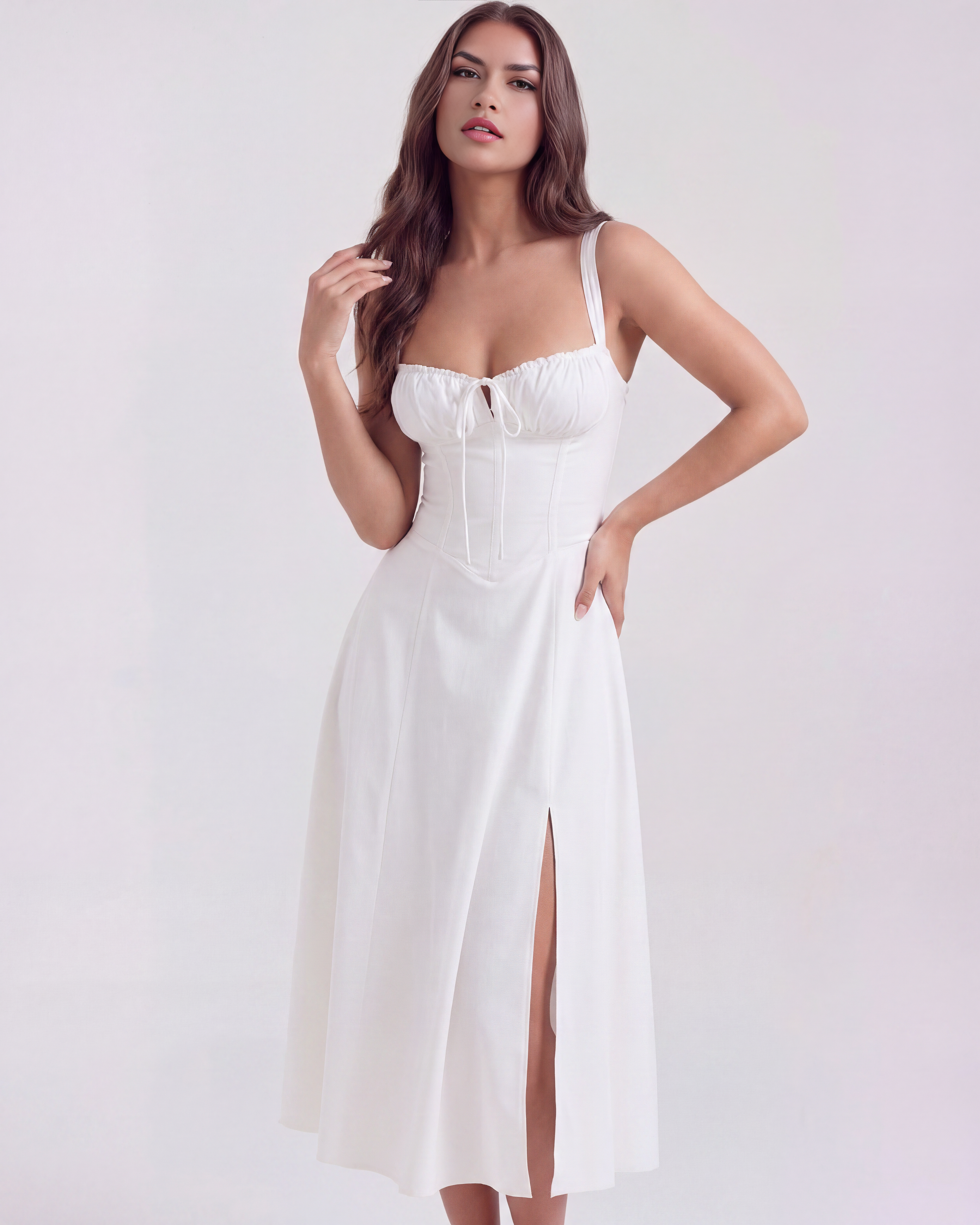 White Corseted Lace-Up Long Dress – Wedding Guest Garden Party Gown