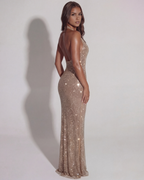 Gold Rhinestone Halter Plunge Maxi Dress – Hotfix Embellished Mesh Evening Gown 2026