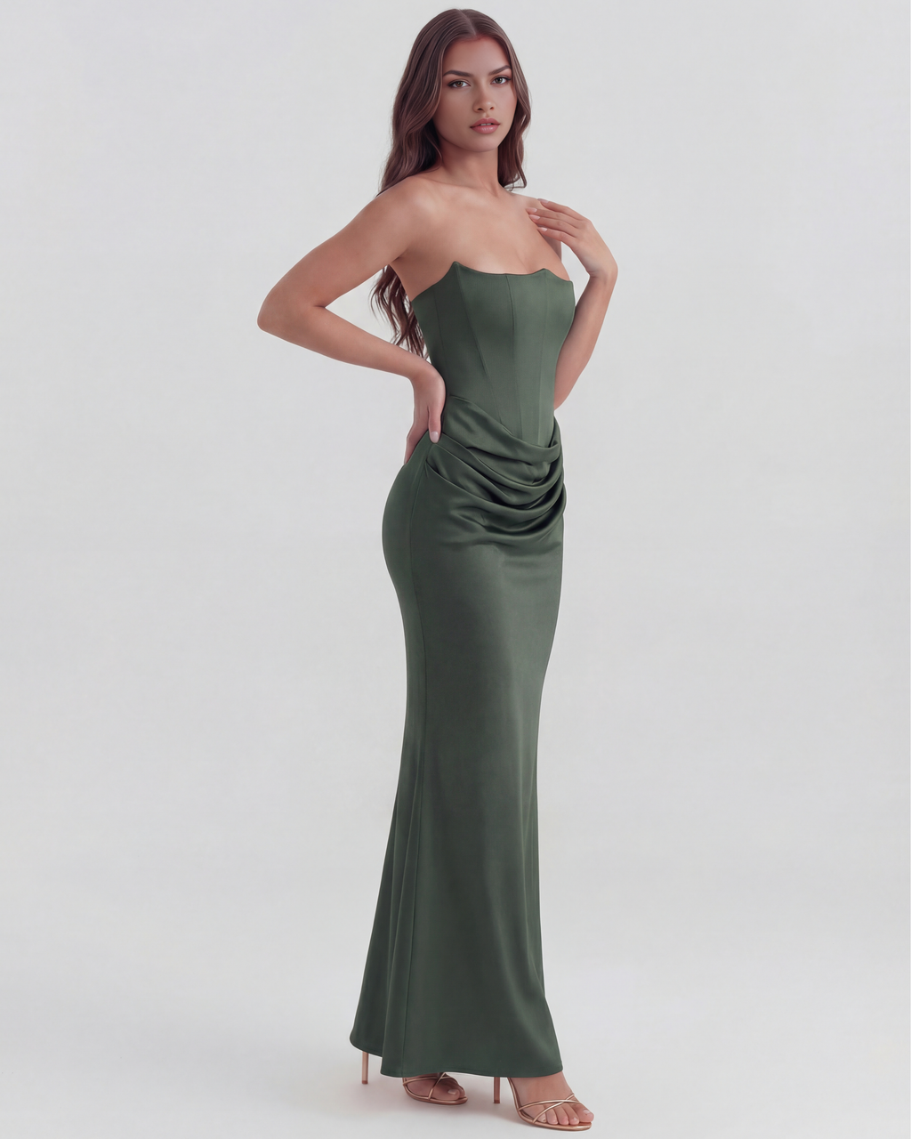 Forest Green Boned Corset Crepe Maxi Dress – Cinched Waist Formal Wedding Guest Gown