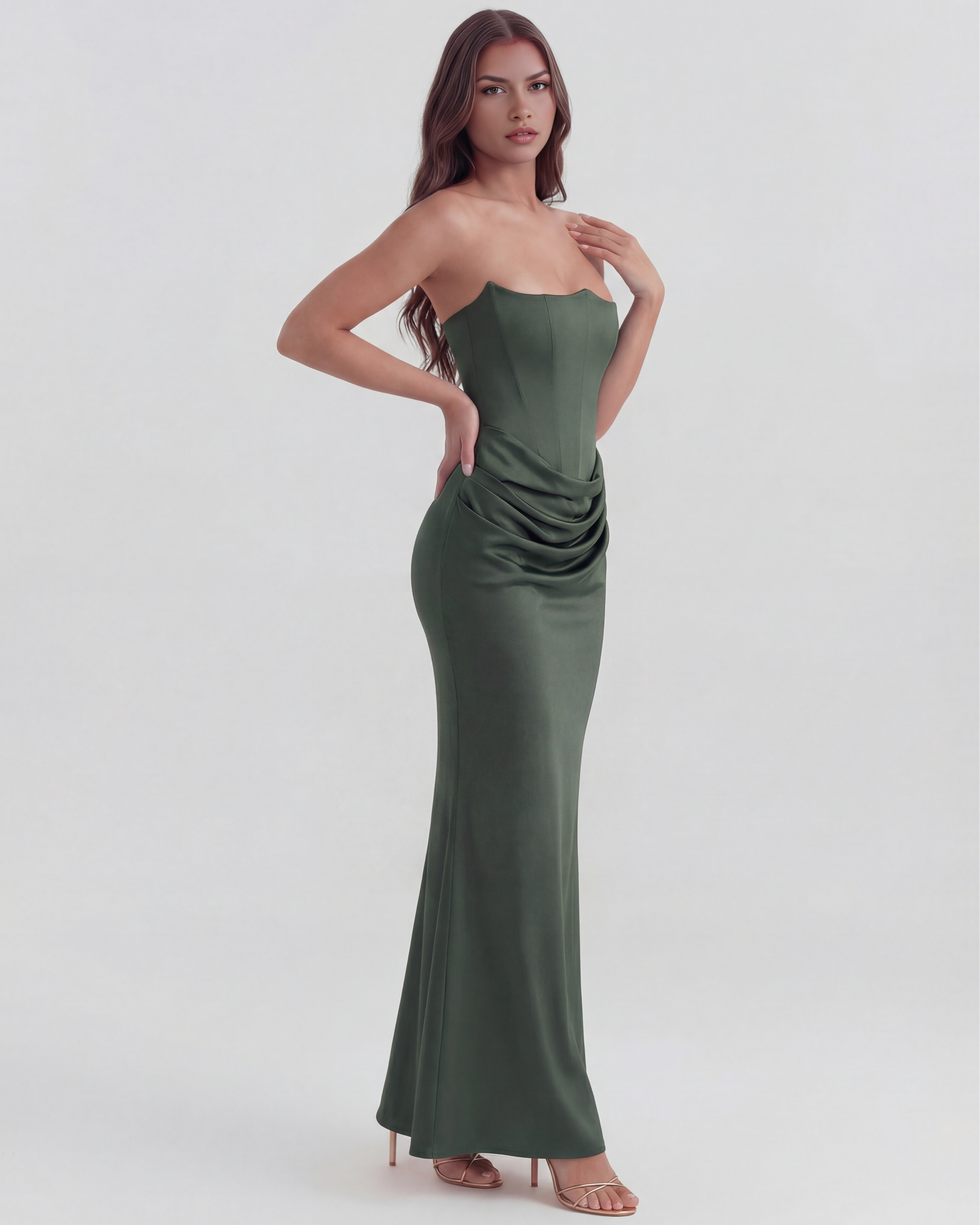 Forest Green Boned Corset Crepe Maxi Dress – Cinched Waist Formal Wedding Guest Gown