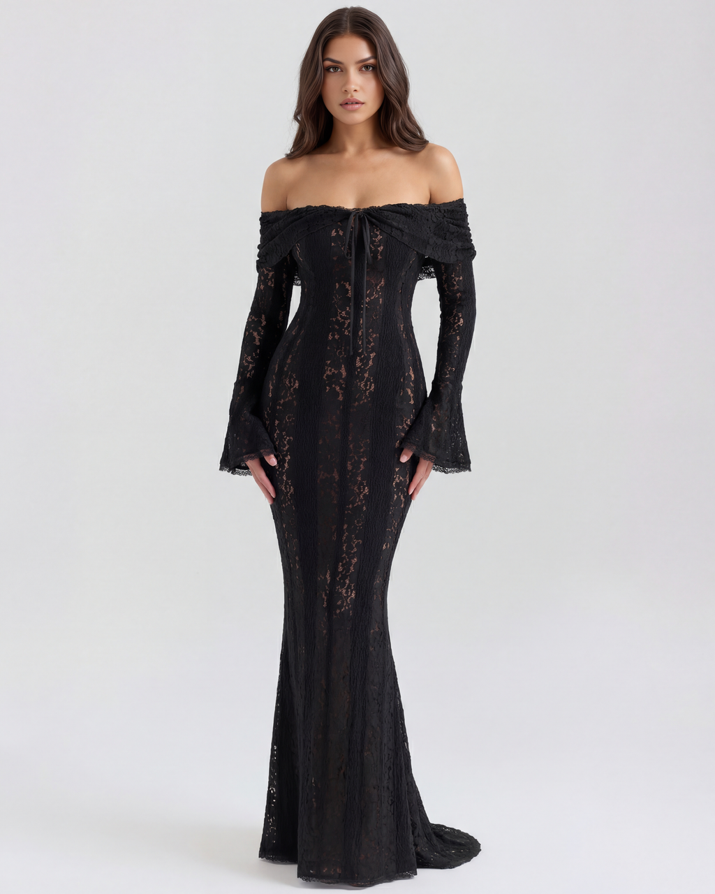 Zwarte Maxi-jurk met Bloemenkant, Off-Shoulder en Godet – Dramatische Avondjurk voor Bruiloftsgasten