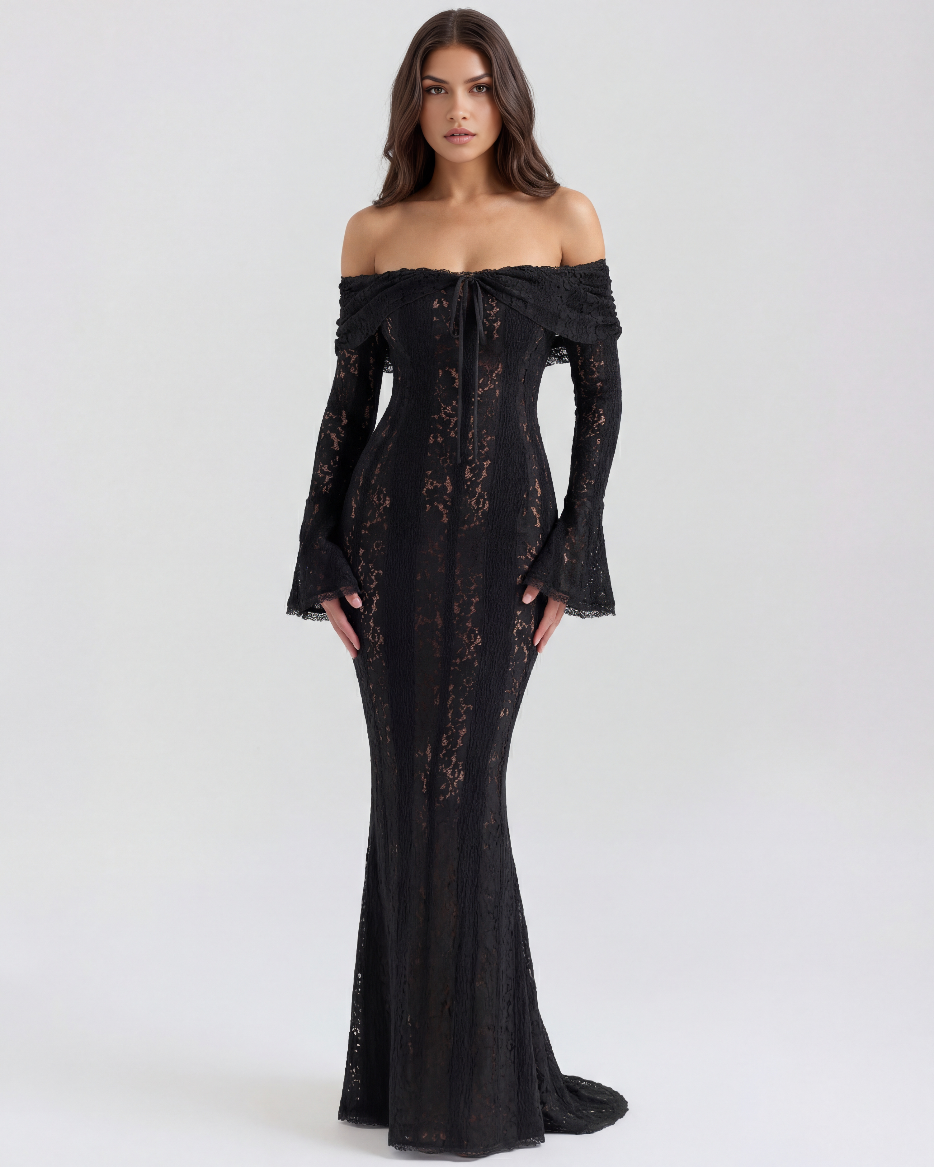 Zwarte Maxi-jurk met Bloemenkant, Off-Shoulder en Godet – Dramatische Avondjurk voor Bruiloftsgasten
