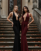 Black Plunging Halter Ruched Maxi Gown with Train – Red Carpet Wedding Guest Dress